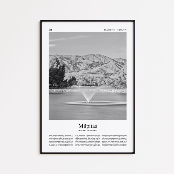 Milpitas Black and White Lake Fountain Mountain Photo Poster