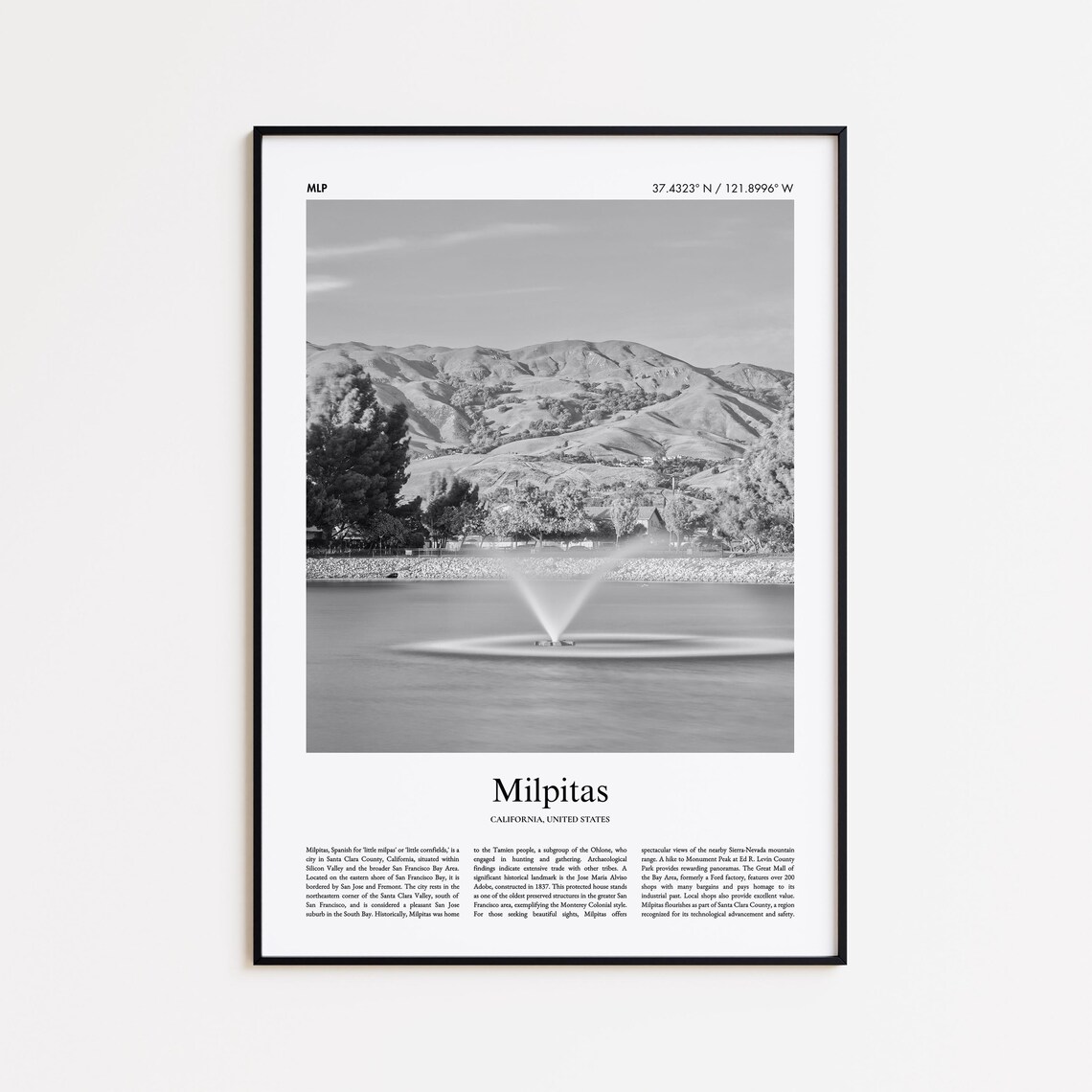 Milpitas Black and White Lake Fountain Mountain Photo Poster