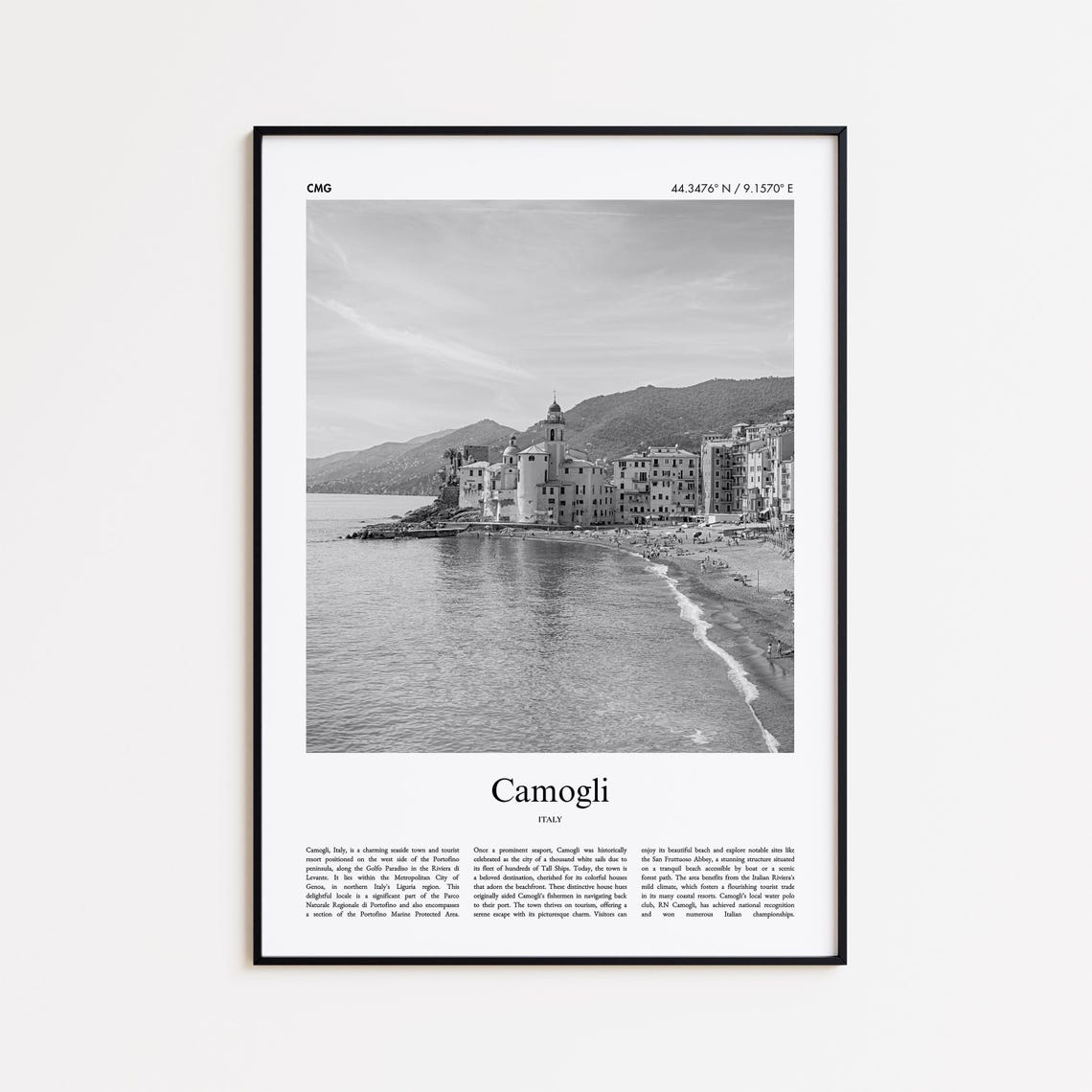 Camogli Beach Seaside Town Black White Liguria Italy Poster Art