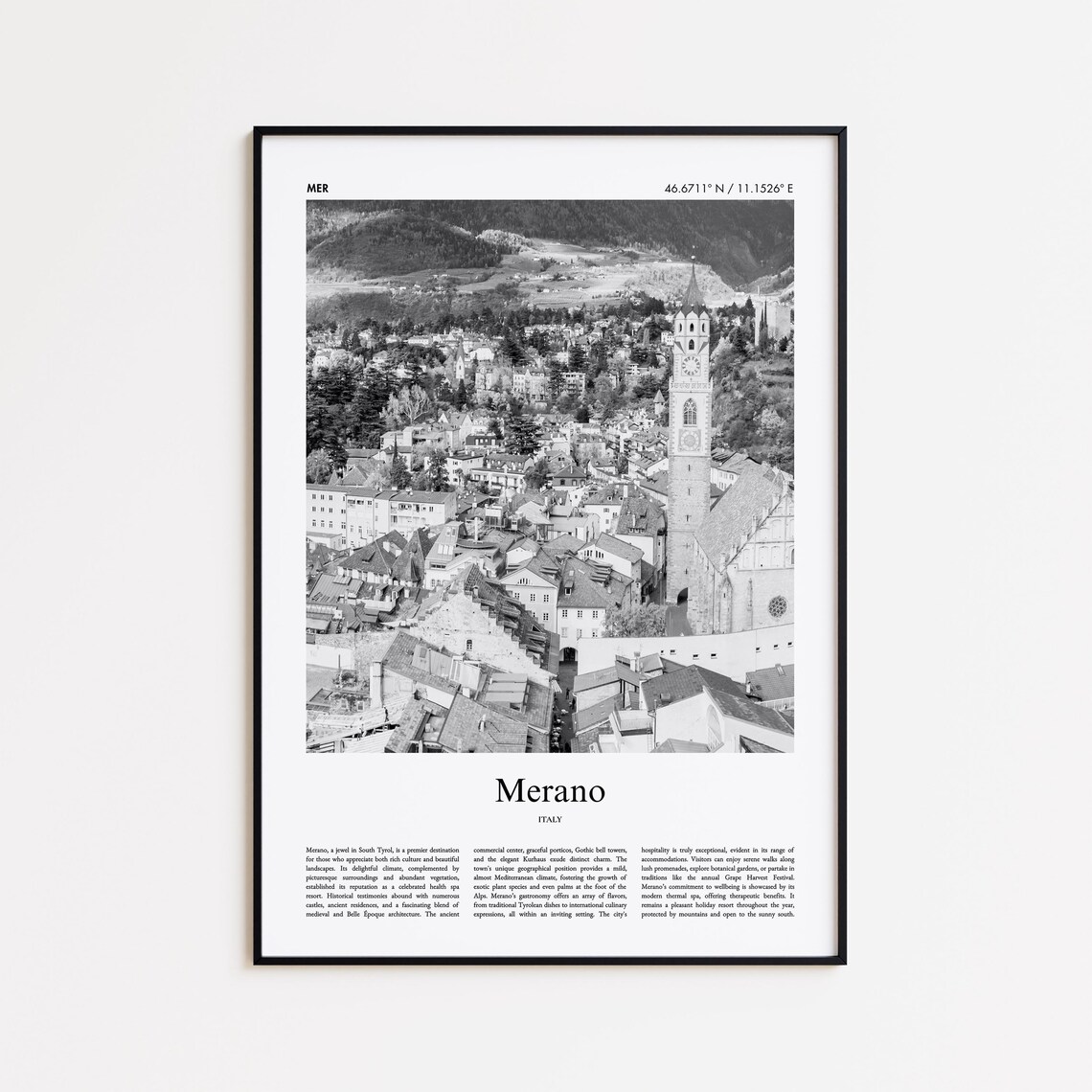 Merano Italy Black and White Aerial Alpine Old Town Travel Poster