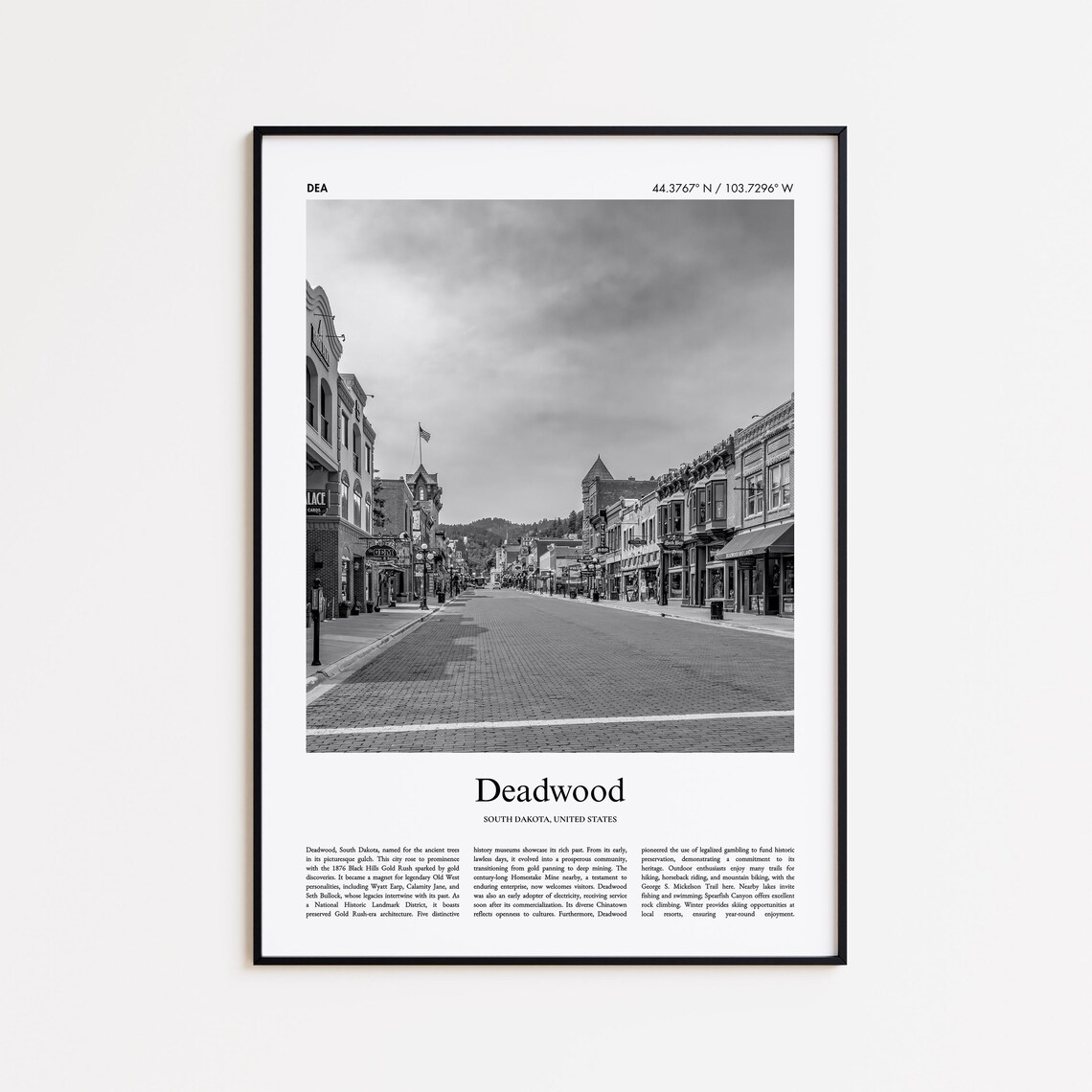 Deadwood South Dakota Main Street Black and White Travel Poster