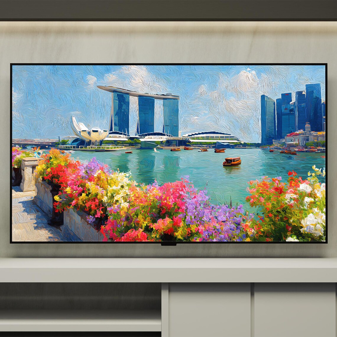 Singapore Marina Bay Skyline Flowers Impasto Cityscape Painting Poster