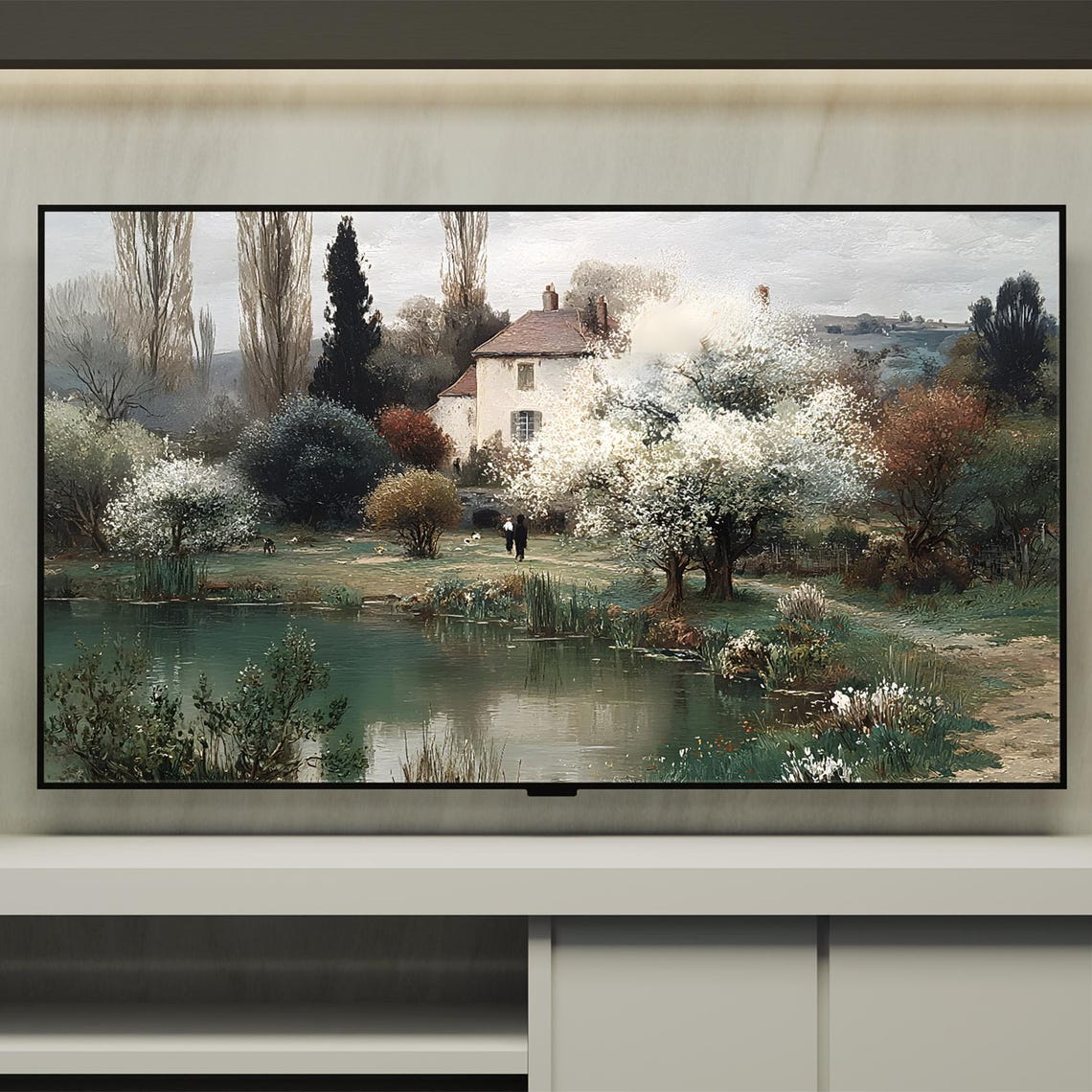 Framed White House Lake Art Print Spring Impressionist Landscape