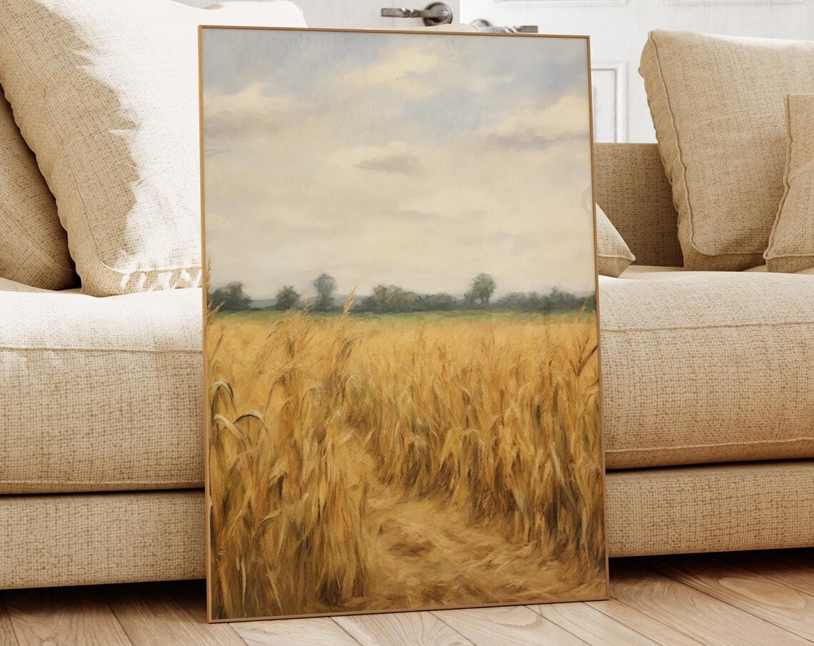 Golden Wheat Field Under Soft Cloudy Sky Vintage Landscape Poster - Image 5