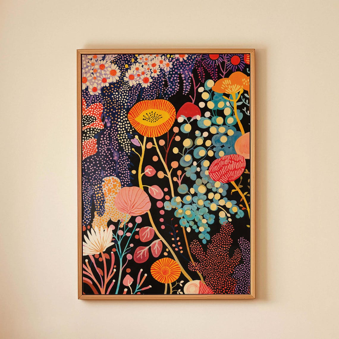 Yayoi Kusama Orange Poppy Blossoms Black Night Garden Artwork Poster