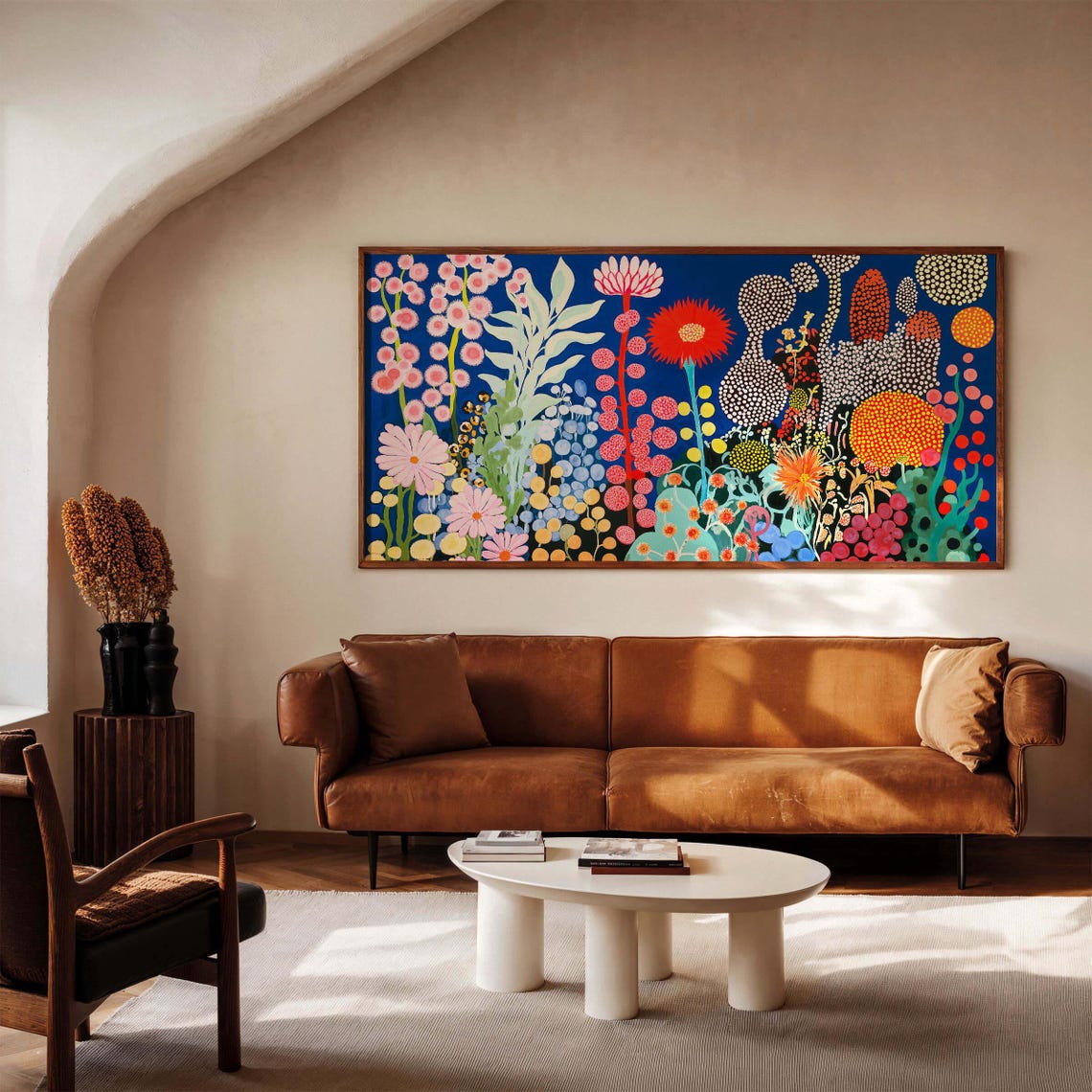 Kusama Inspired Panoramic Cobalt Blue Dotted Wildflower Poster - Image 3
