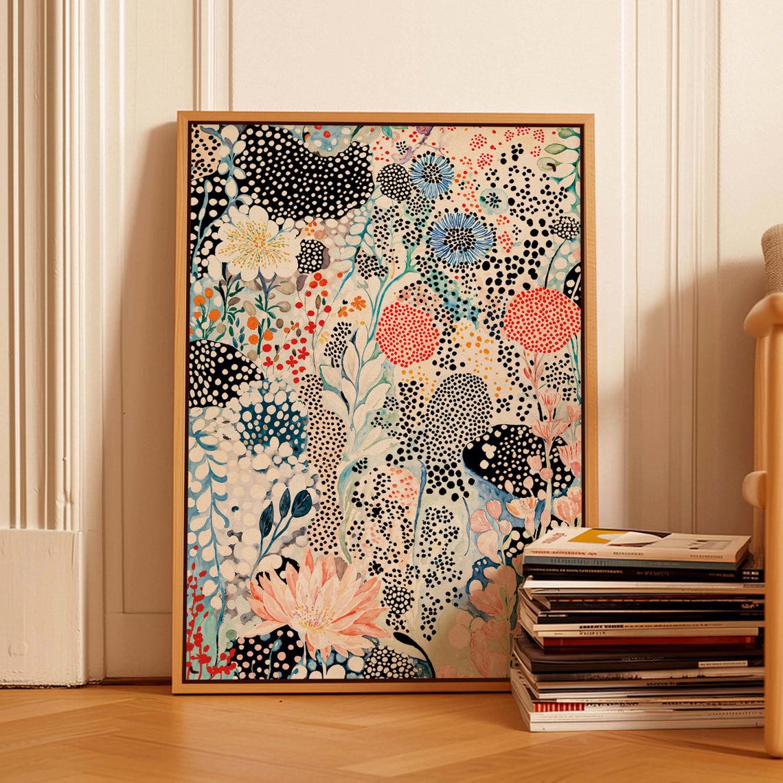 Airy Dotted Botanical Abstract Poster in Black Blue and Coral