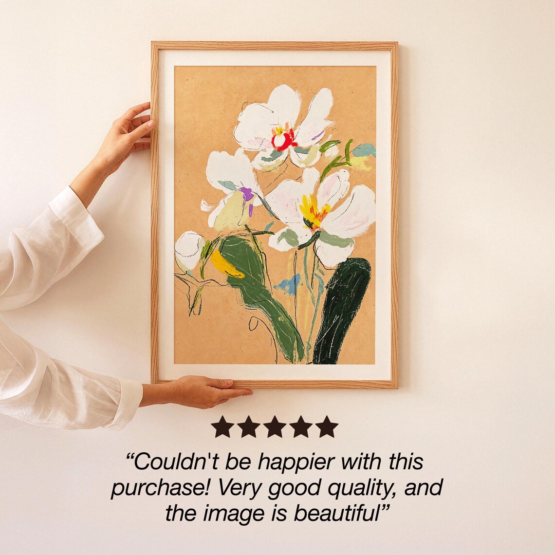 Freehand White Orchid Painting on Kraft Paper Modern Floral Poster - Image 3