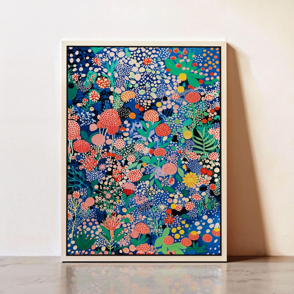 Kusama Inspired Blue Dotted Wildflower Night Garden Wall Print