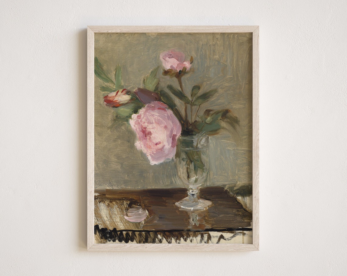 Vintage Peonies Oil Painting Antique Flower Art Antique Oil Painting Pink Botanical Art Peony Painting Wall Art