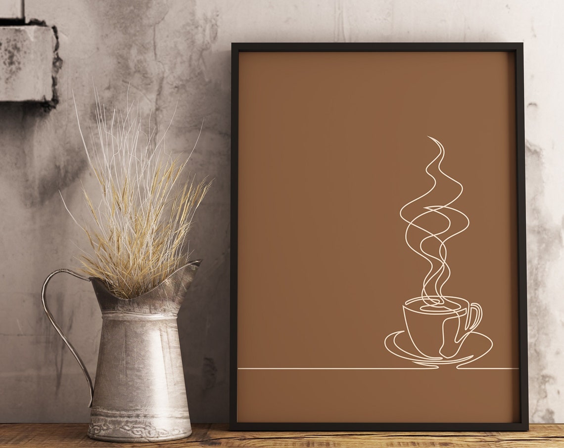 Steaming Coffee Cup Single Line Art Rustic Brown Kitchen Poster