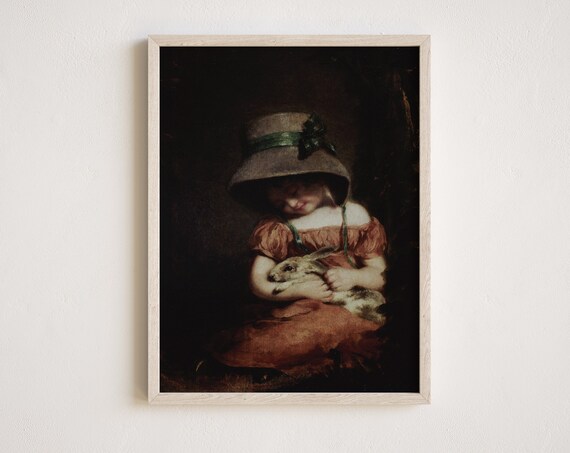 Classic Painting of a Child Holding a Rabbit Vintage Nursery Art Poster