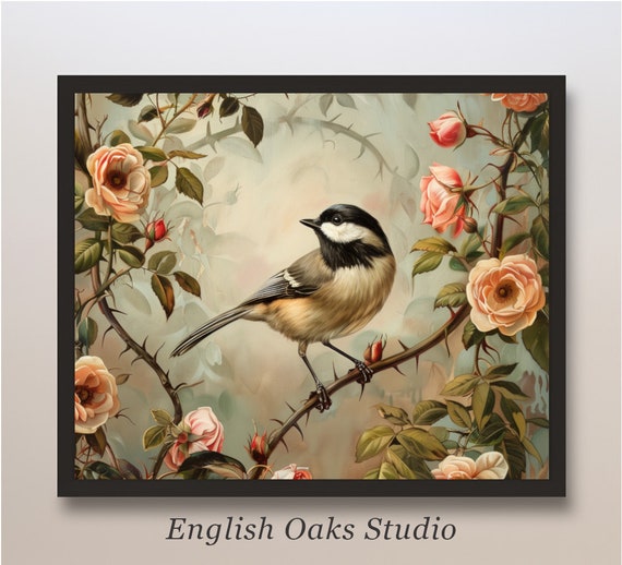 Antique Rustic Moody Chickadee And Pink Roses Painting Vintage Farmhouse Bird Nursery Decor Print