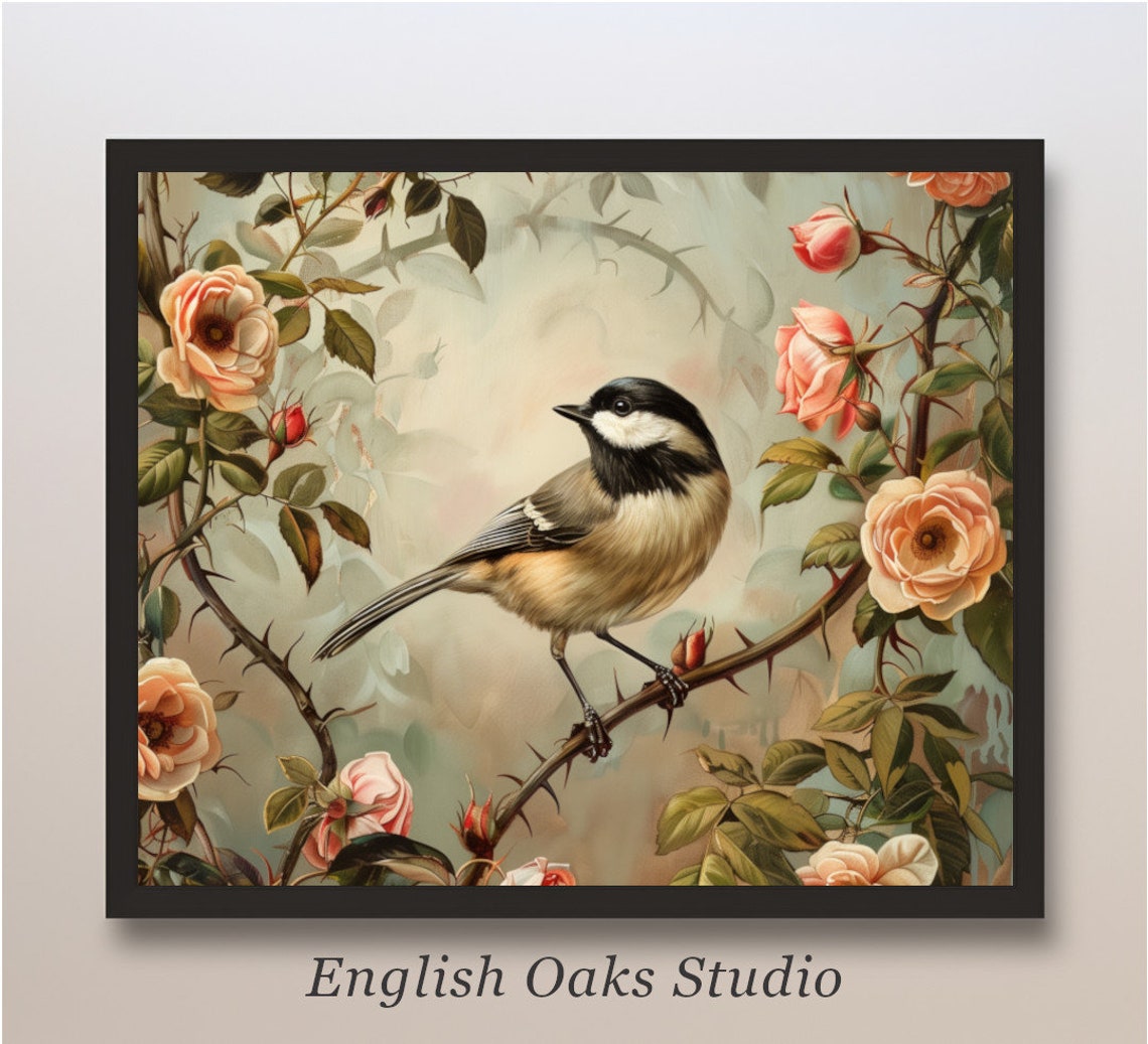 Chickadee Resting on Thorny Rose Branch Peach Blossoms Poster