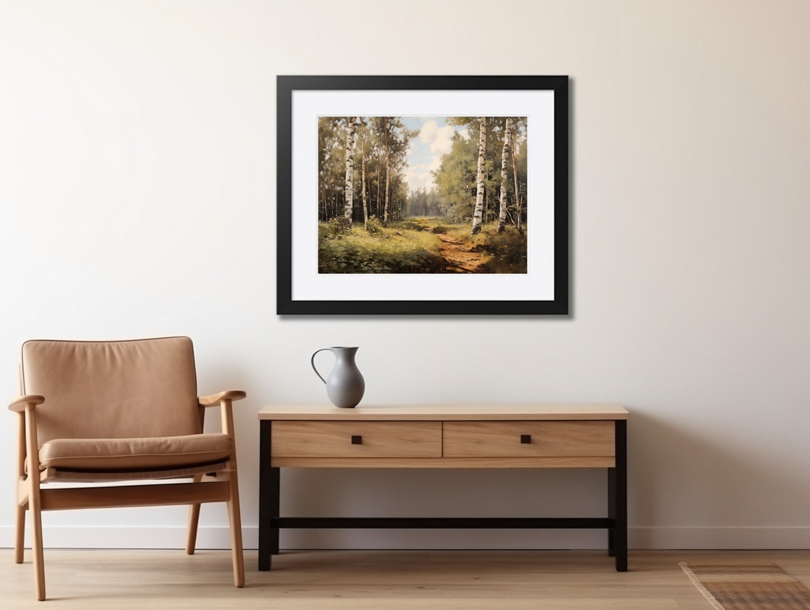 Sunlit Summer Birch Forest Woodland Path Oil Painting Poster - Image 2