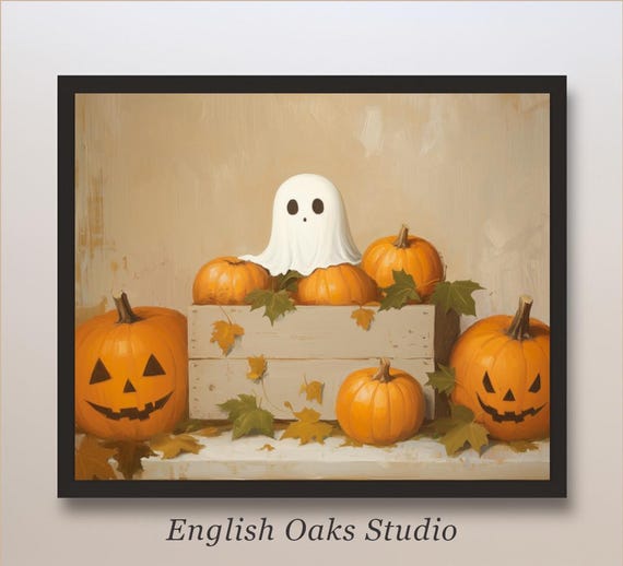 Orange Pumpkins With A Cute Ghost In A Wooden Box On A Neutral Table Top Print Autumn Neutral Vintage Carved Pumpkins Still Life Painting
