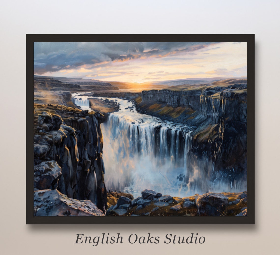 Thunderous Canyon Waterfall Sunset Misty River Cliffs Painting Poster