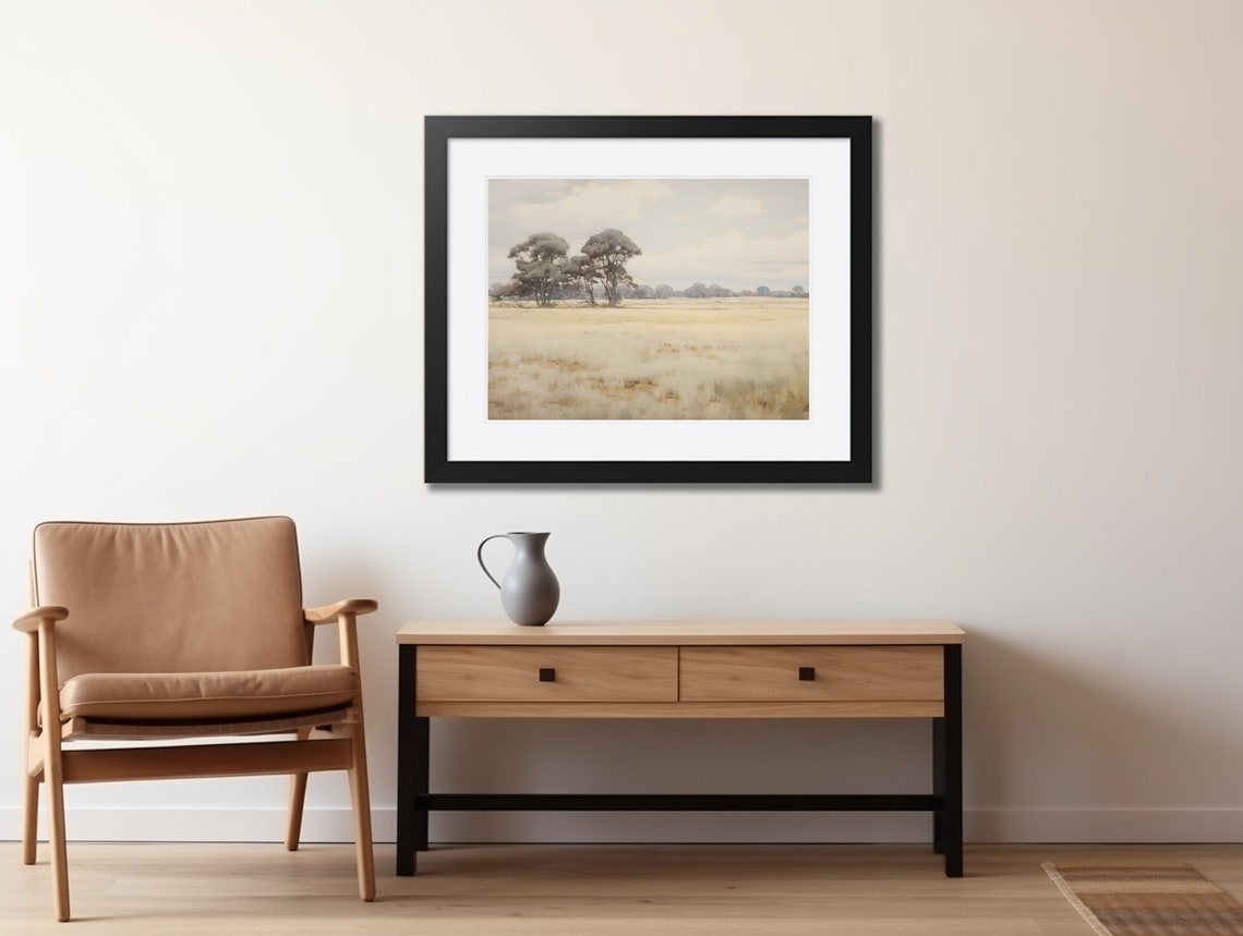 Calm Pale Grassy Field With Grey Trees in Soft Light Art Poster - Image 2