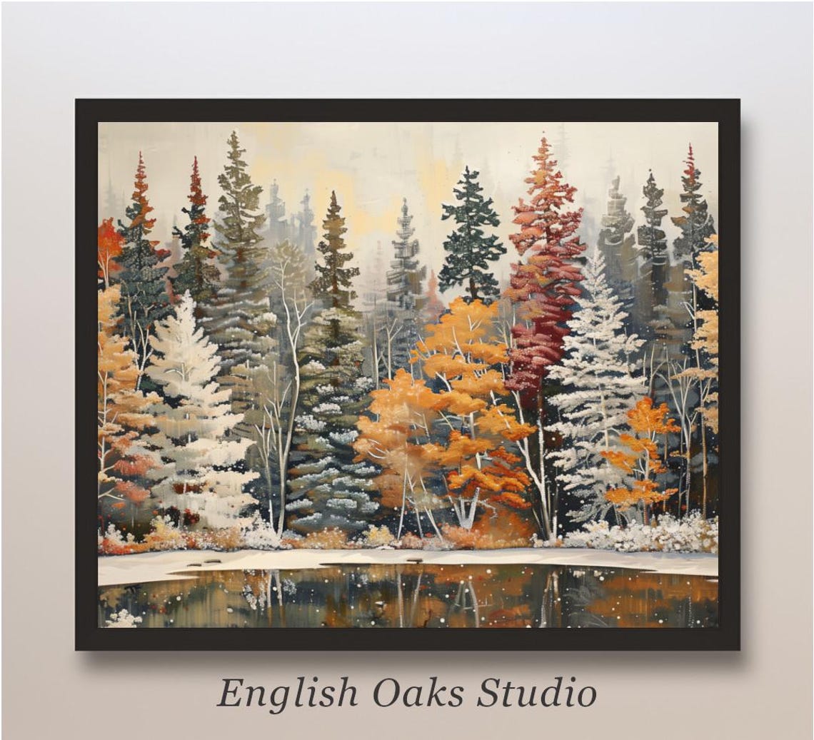 First Snow Falling On Muted Forest Lake Rustic Winter Poster