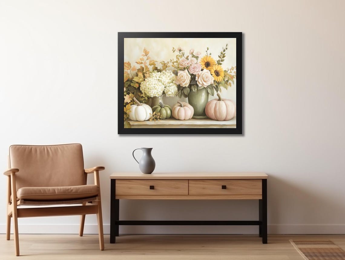 Pastel Pumpkins with Roses and Sunflowers in Vases Fall Poster - Image 2