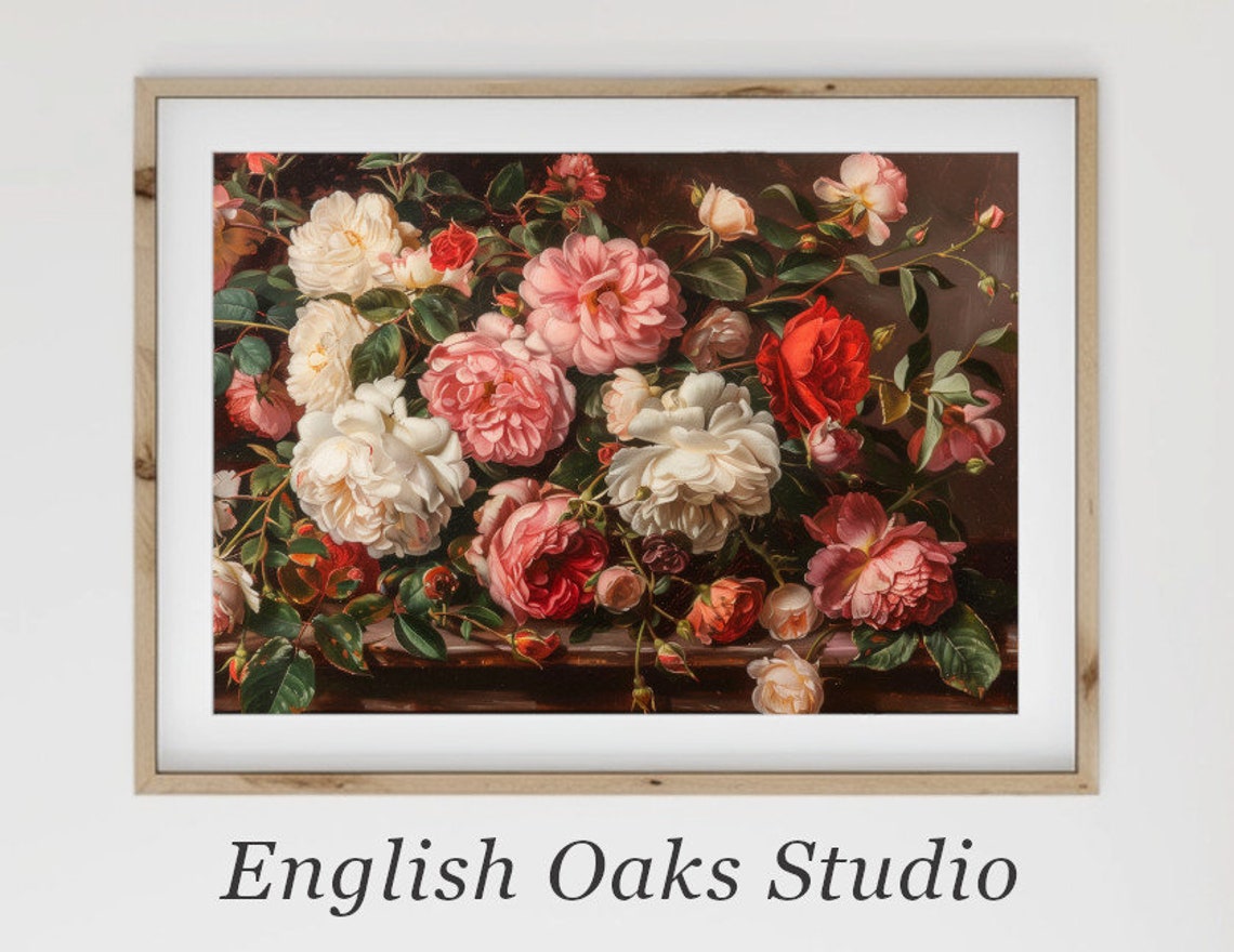 Pink White Red Roses Classical Still Life Dark Background Oil Poster
