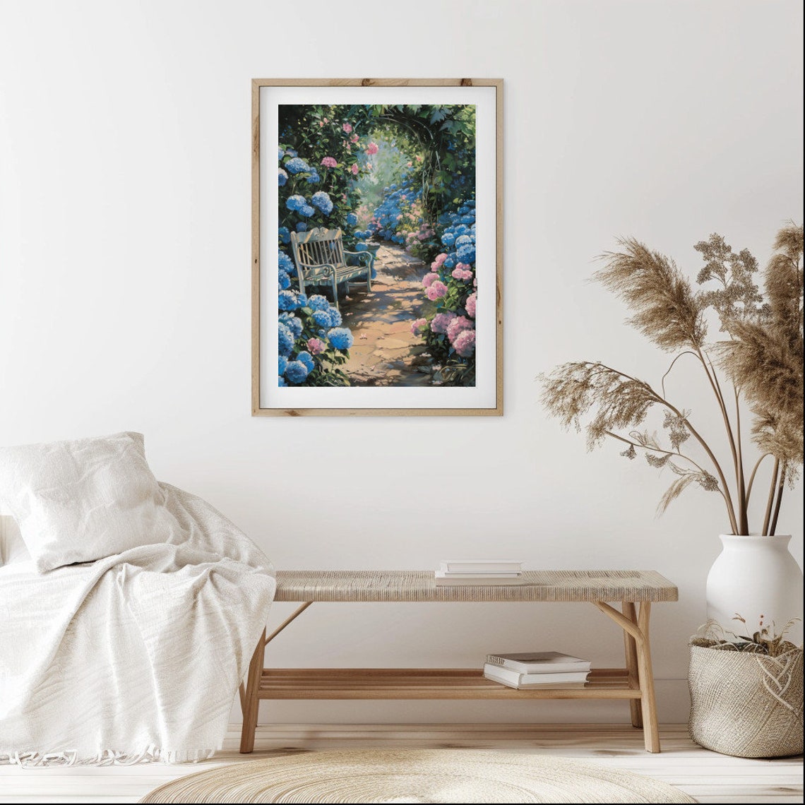 Blue Pink Hydrangea Garden Path Bench Sunlit Flower Archway Poster - Image 2