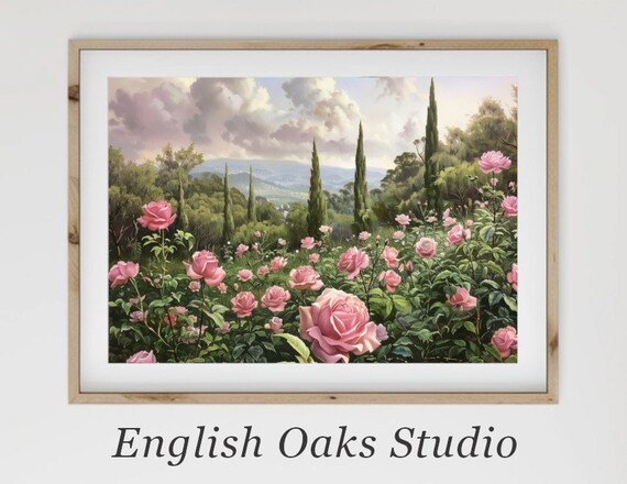 Pink Rose Garden Hillside Vintage Blooming Roses Cypress Trees Poster