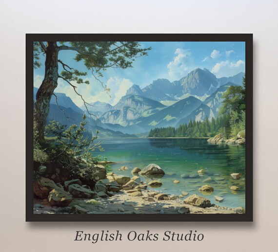 Turquoise Alpine Lake Painting Rocky Shore Mountain Summer Poster