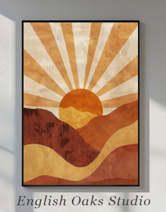 Mid Century Modern Warm Orange And Yellow Sun And Hills Wall Art Abstract Orange Shade Sun And Landscape Print Boho Lanscape