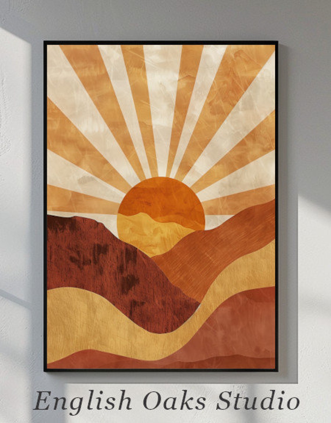 Mid Century Modern Abstract Sunset Over Desert Hills Sunburst Poster