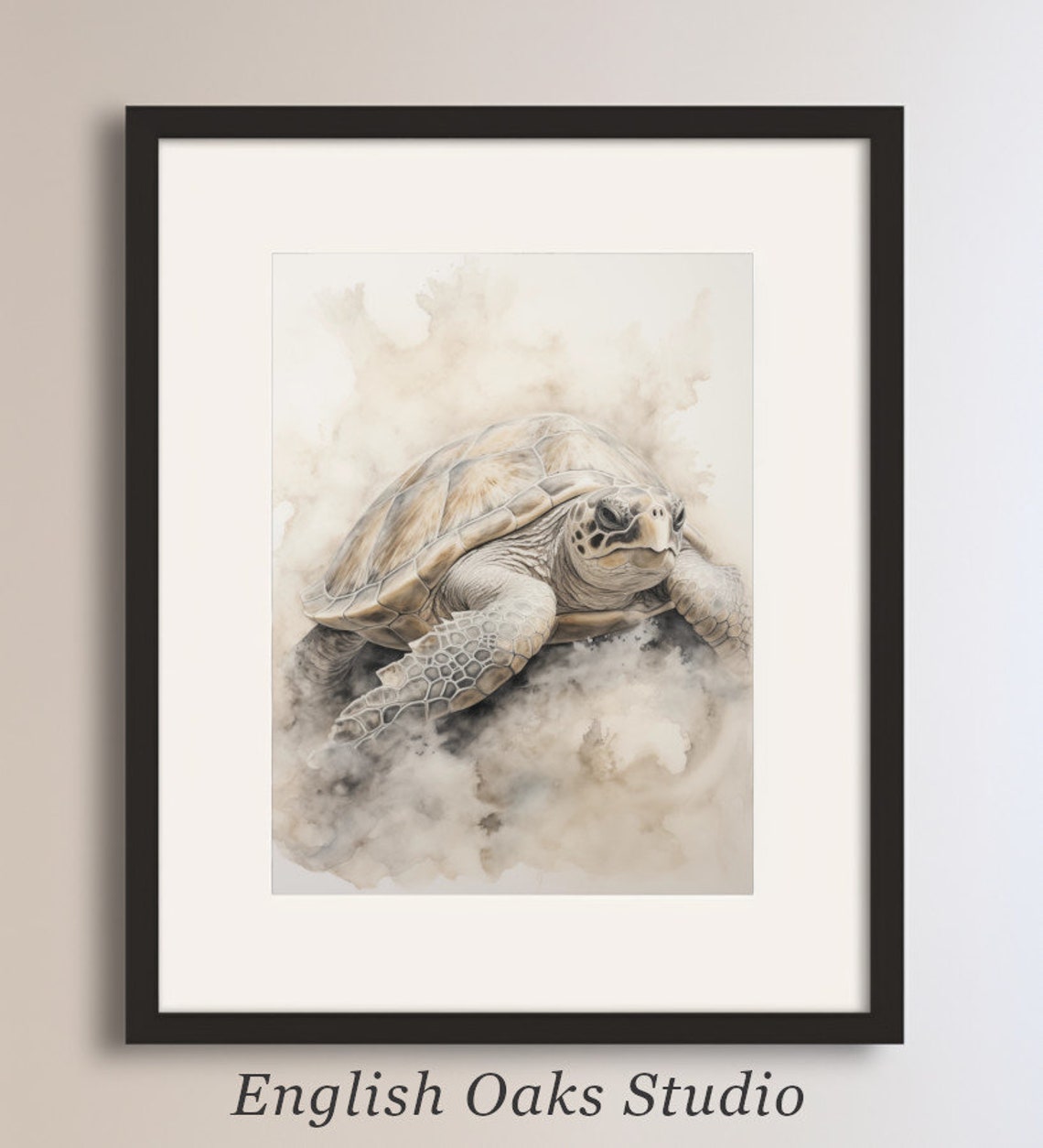 Sea Turtle in Soft Neutral Watercolor Washes Ocean Wildlife Art Print