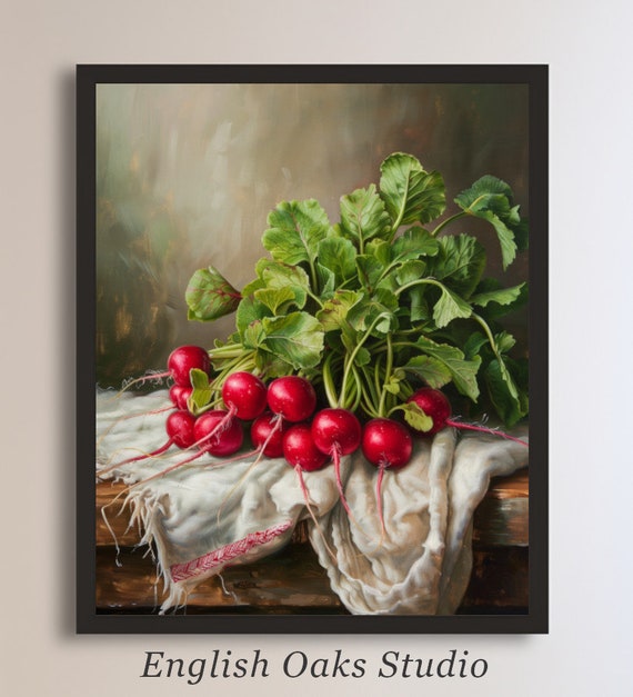 Vintage Farmhouse Vegetables On Table Cloth Kitchen Still Life Painting Moody Dark Radishes Print