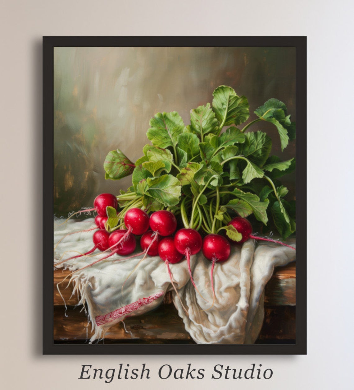 Red Radishes Leafy Greens White Cloth Rustic Kitchen Still Life Poster