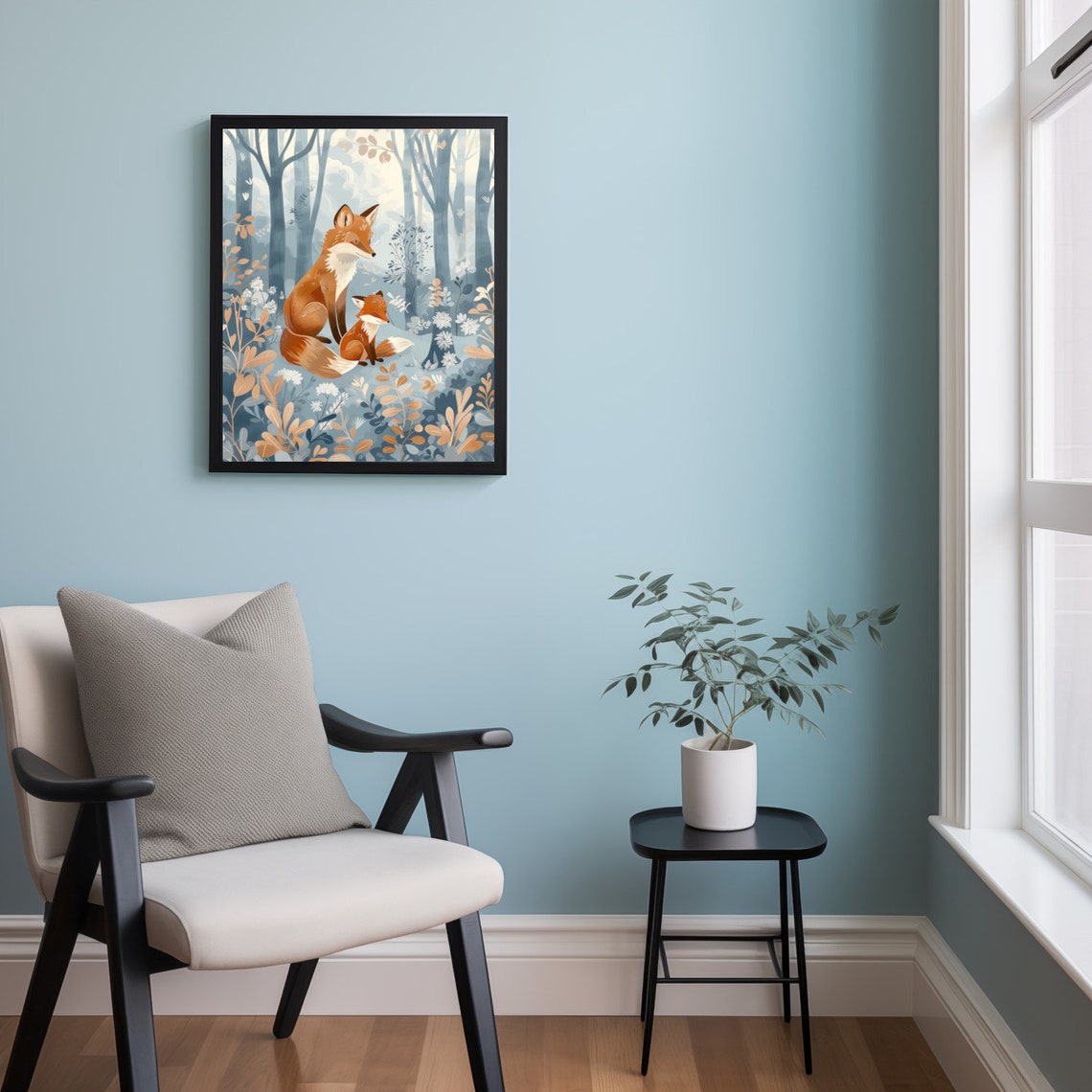 Fox Parent and Baby Kit in Misty Blue Woodland Nursery Poster - Image 2