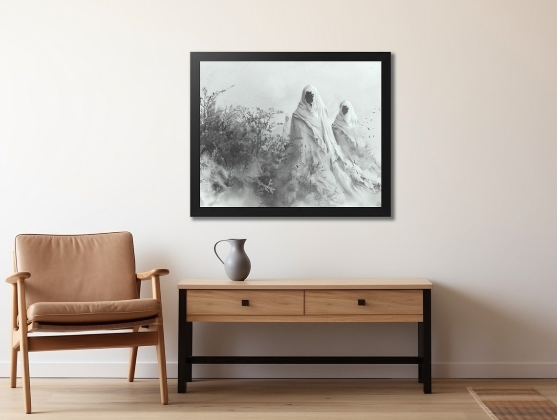 Two Shrouded Ghosts in Tall Grasses Black and White Spooky Art Poster - Image 2