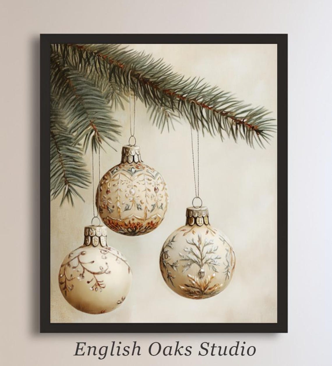 Elegant Cream Ornaments Hanging on Evergreen Branch Art Poster