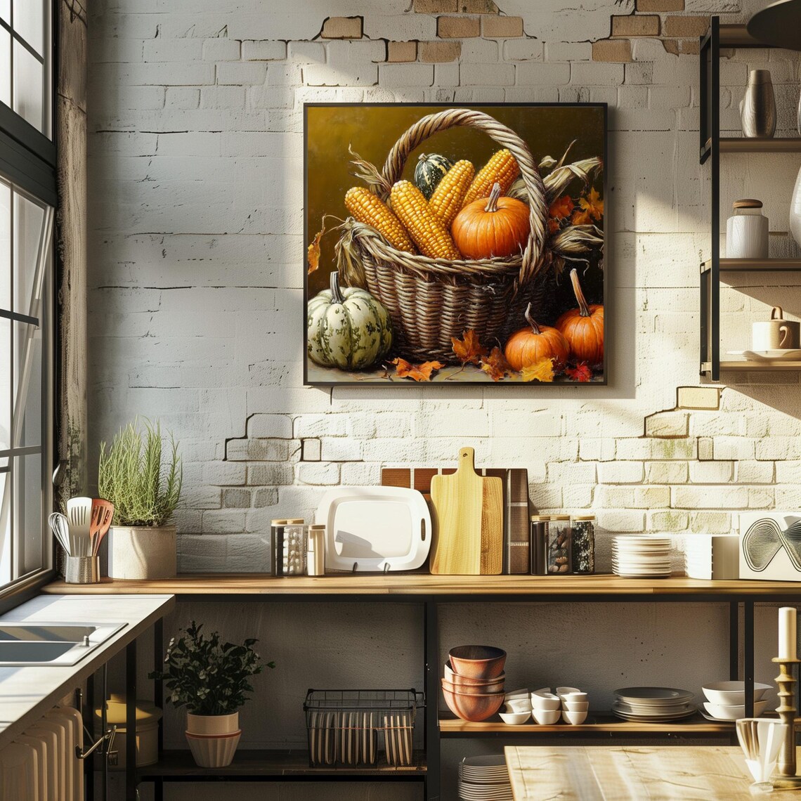 Harvest Basket with Corn Pumpkins and Gourds Fall Still Life Oil Art Poster - Image 2