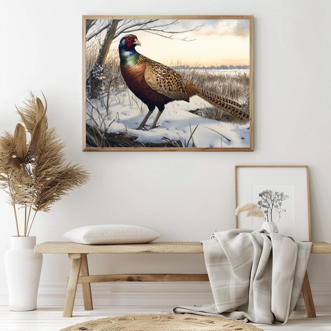 Ring Necked Pheasant in Snowy Winter Field Vintage Wildlife Art Poster - Image 2