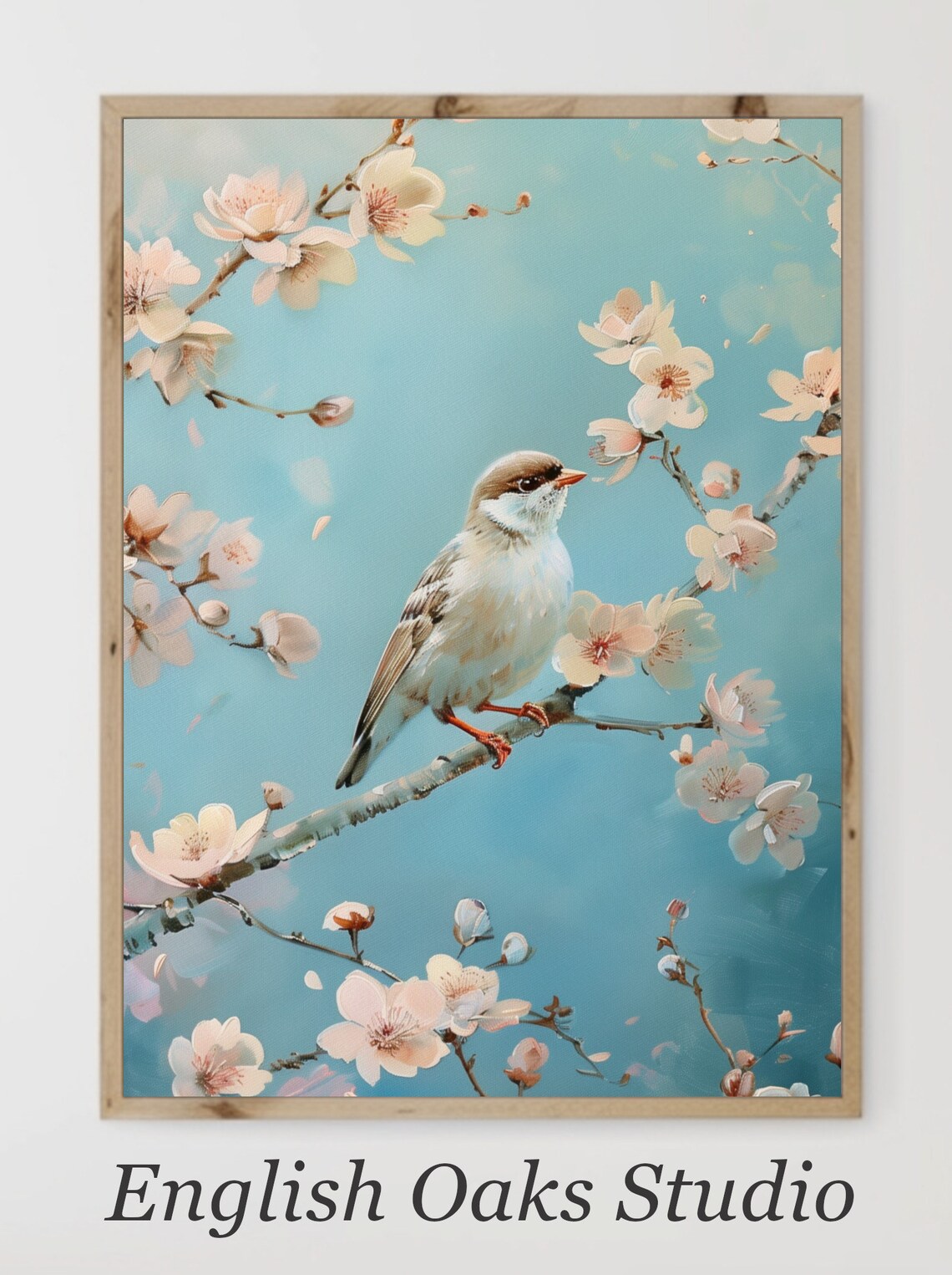 Little Songbird on Blossom Branch Painting Teal Spring Floral Poster