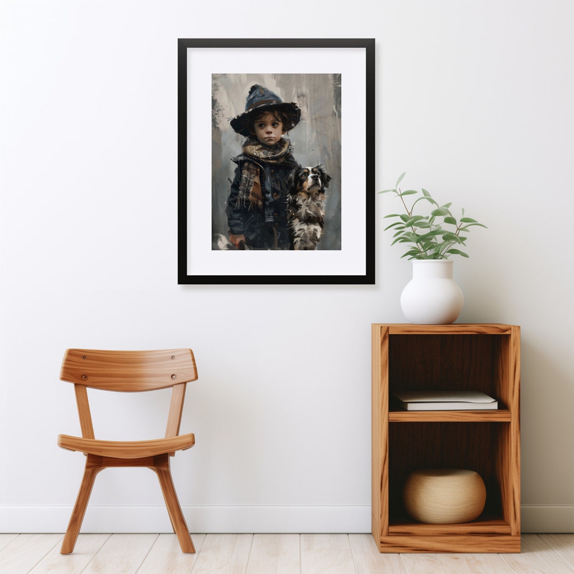 Boy in Hat with Small Dog Moody Vintage Portrait Painting Wall Art - Image 2
