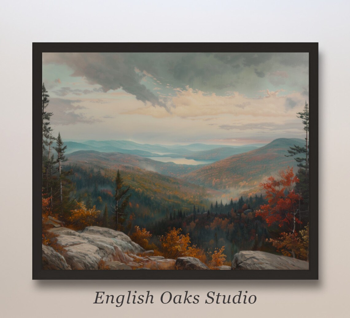 Moody Fall Mountain Valley Misty Autumn Foliage Landscape Painting Poster