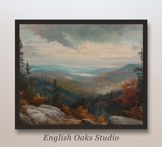 Moody Fall Mountain Valley Misty Autumn Foliage Landscape Painting Poster