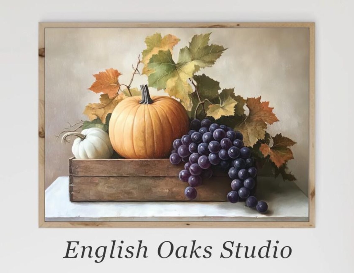 Pumpkins and Purple Grapes in Wooden Box Vintage Autumn Still Life Poster