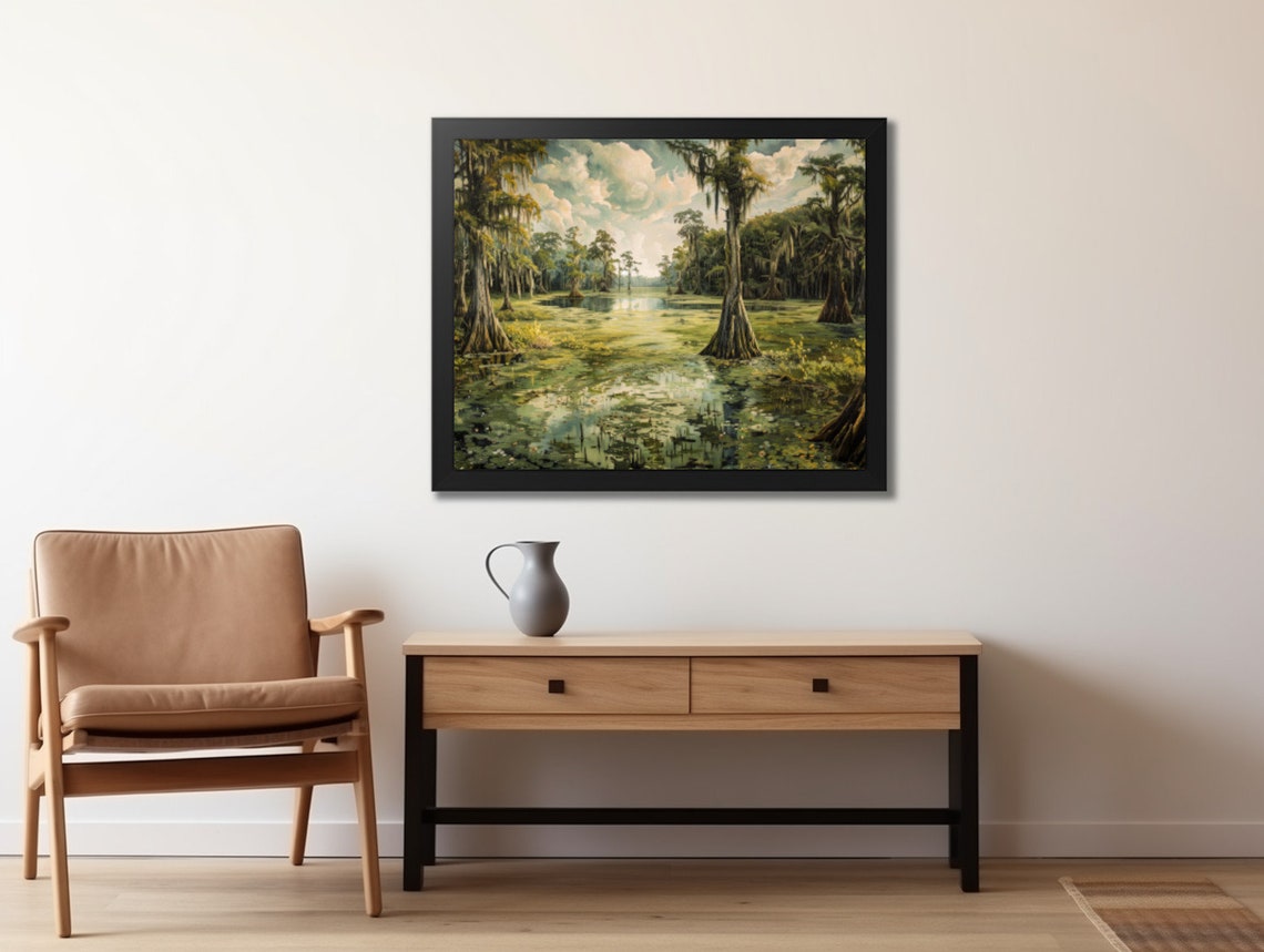 Serene Cypress Swamp with Spanish Moss Lily Pads Nature Poster - Image 2