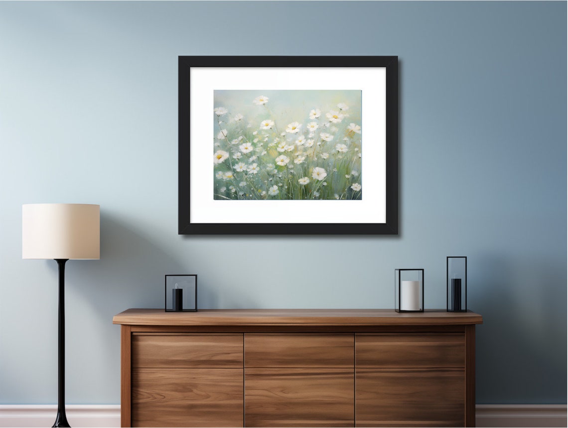 White Wildflowers in a Soft Green Meadow Floral Oil Painting Poster - Image 2