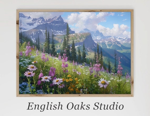 Moody Vintage Rustic Summer Wildflower Field Mountain Painting Farmhouse Botanical Spring Landscape Print 01