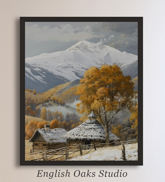Snowcapped Mountain Peak Thatched Huts Golden Autumn Trees Winter Poster