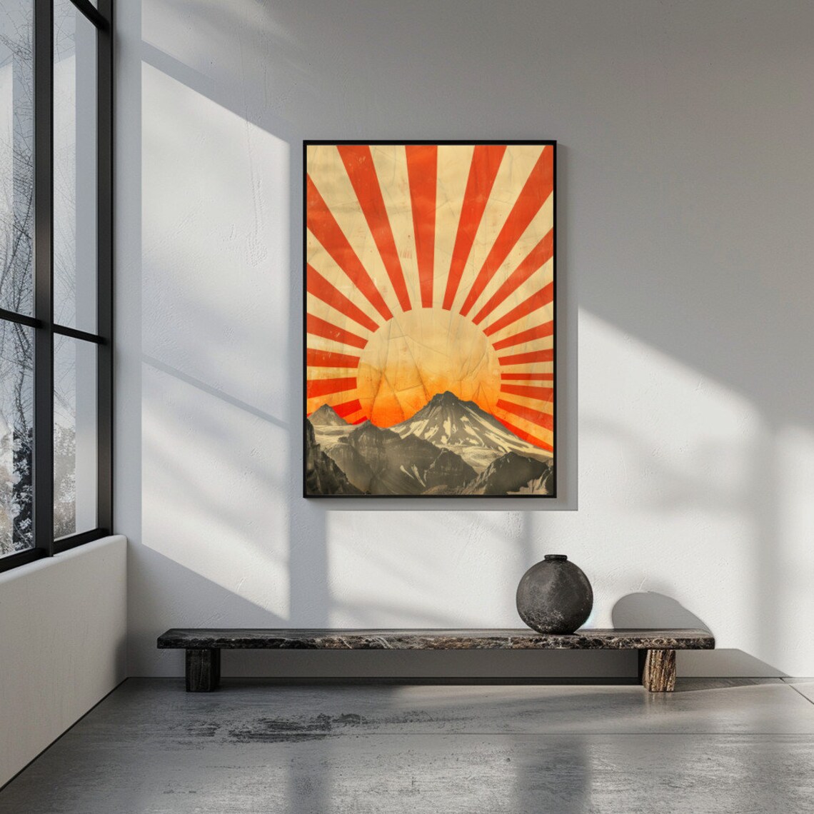 Mid Century Modern Orange Sun Over Abstract Mountains Wall Art Abstract Sun And Mountains Boho Print Minimalist Grey Mountain Print - Image 2