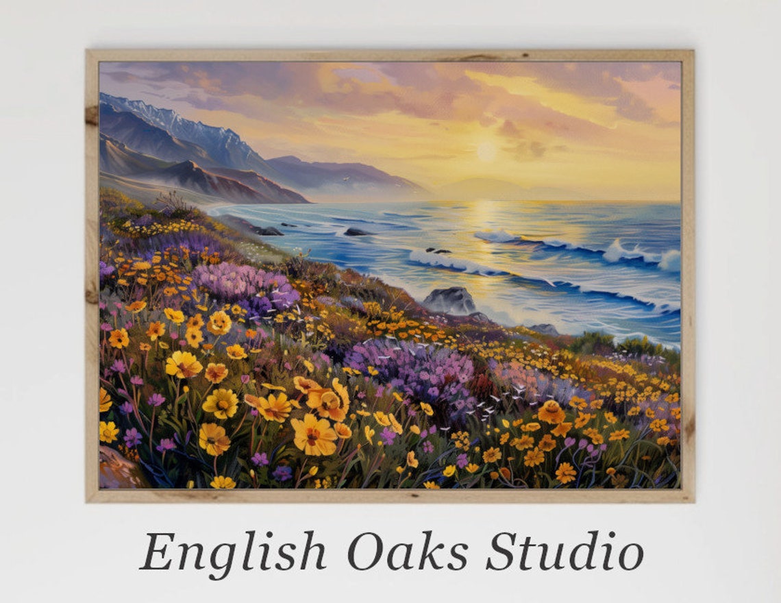 Sunset Ocean Cliffs Painting Wildflowers Golden Coast Poster