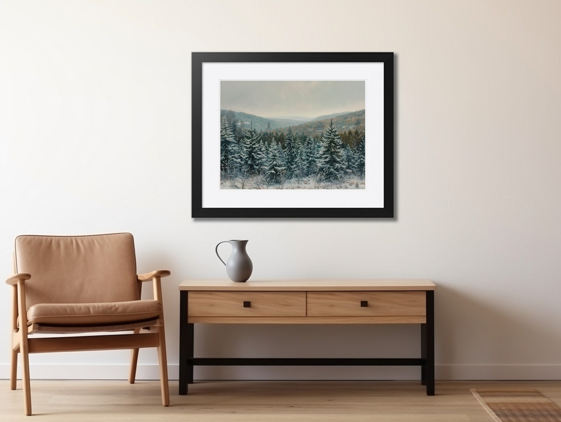 Snowy Pine Forest Winter Landscape Painting Misty Mountains Poster - Image 2